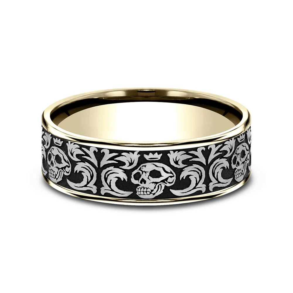 The Skull King Men's Wedding Band in 14K Yellow Gold and Grey/Black Titanium - 7.5mm Width by Ammara Stone - Image 3