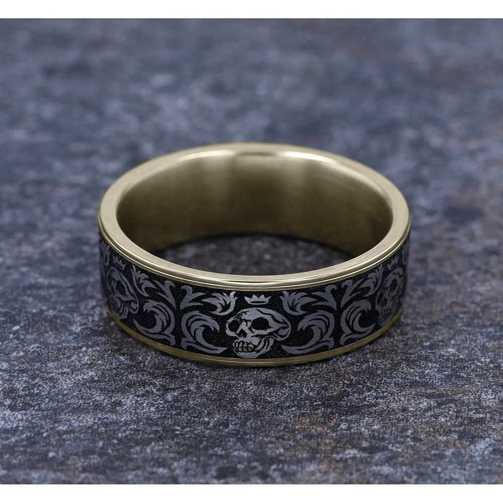 The Skull King Men's Wedding Band in 14K Yellow Gold and Grey/Black Titanium - 7.5mm Width by Ammara Stone - Image 4