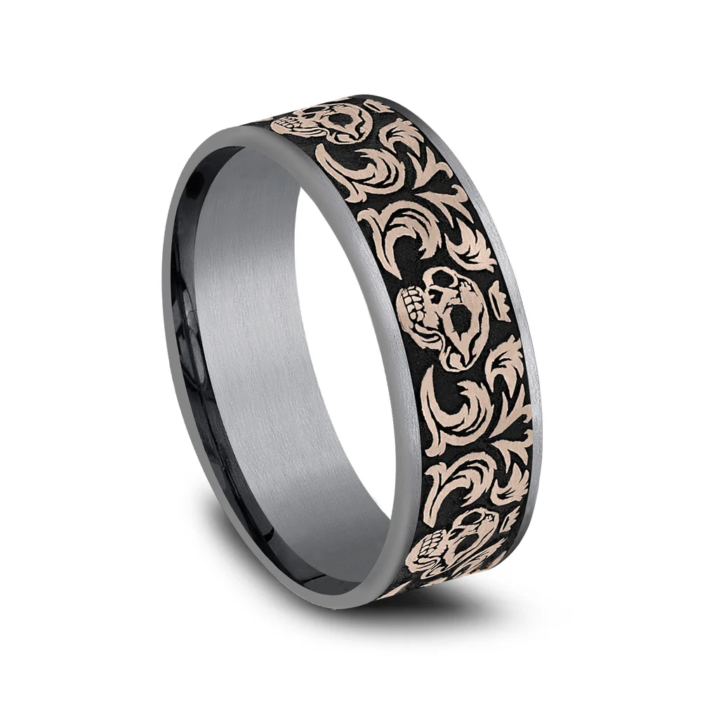 The Skull King Men's Wedding Band in Grey Tantalum and 14K Rose Gold - 7.5mm Width by Ammara Stone - Image 2