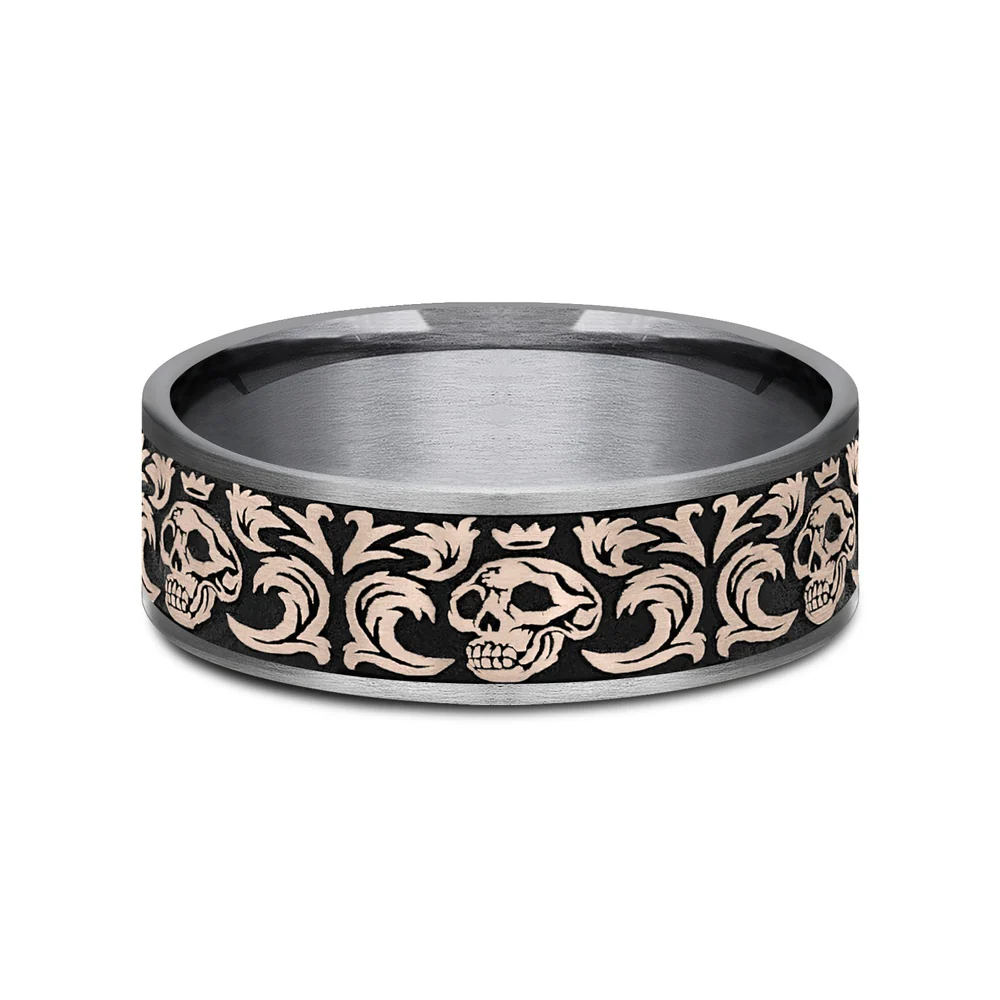 The Skull King Men's Wedding Band in Grey Tantalum and 14K Rose Gold - 7.5mm Width by Ammara Stone - Image 3