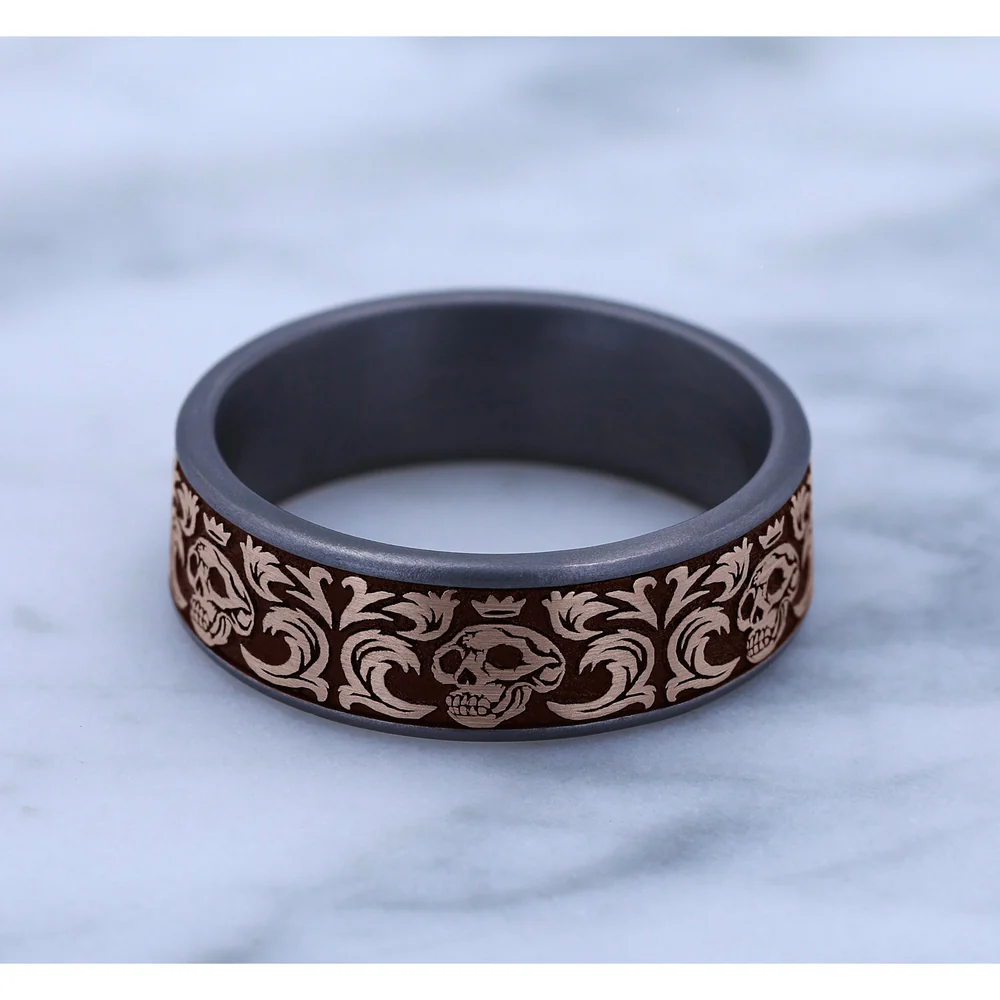 The Skull King Men's Wedding Band in Grey Tantalum and 14K Rose Gold - 7.5mm Width by Ammara Stone - Image 4