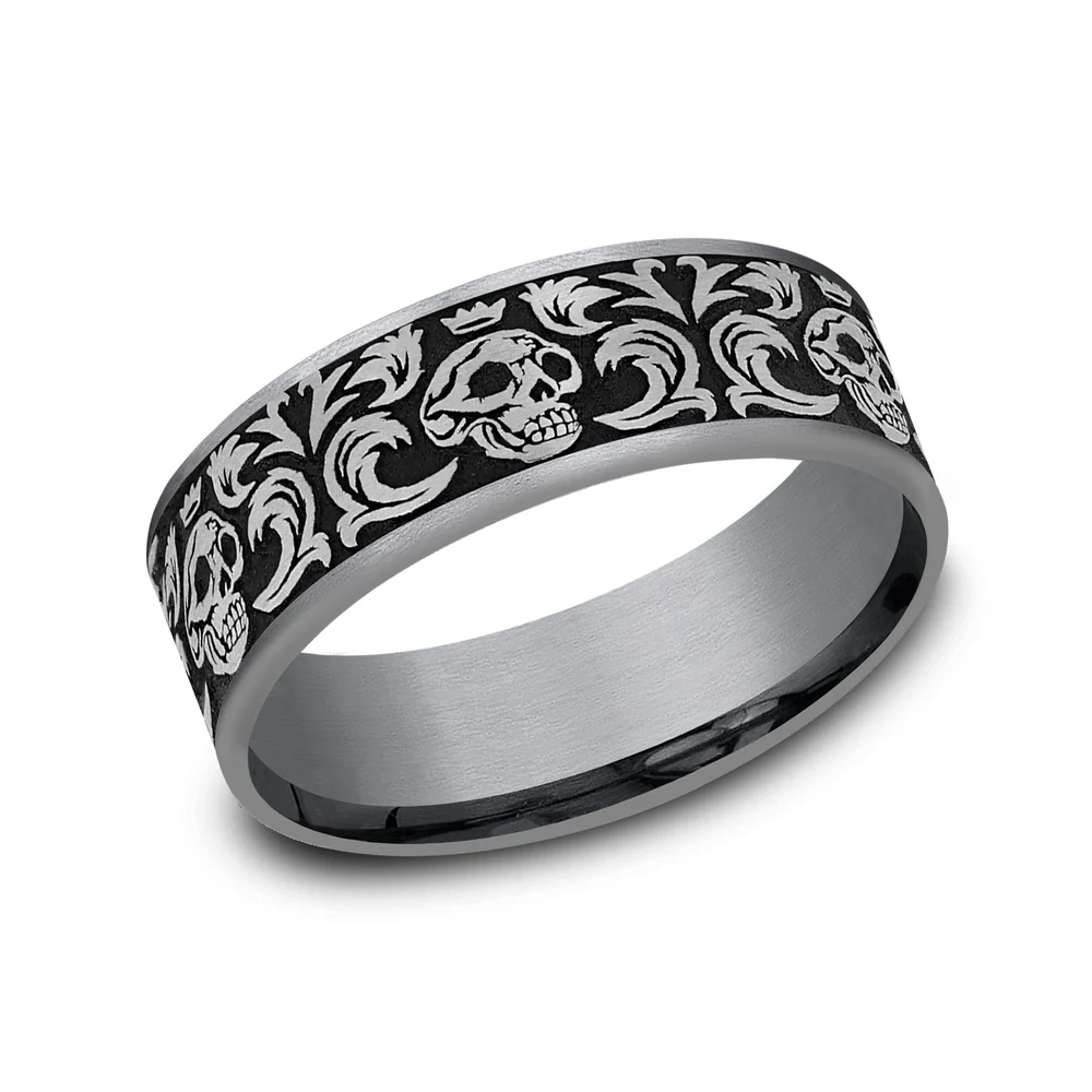 The Skull King Men's Wedding Band in Grey Tantalum and Grey/Black Titanium - 7.5mm Width by Tantalum