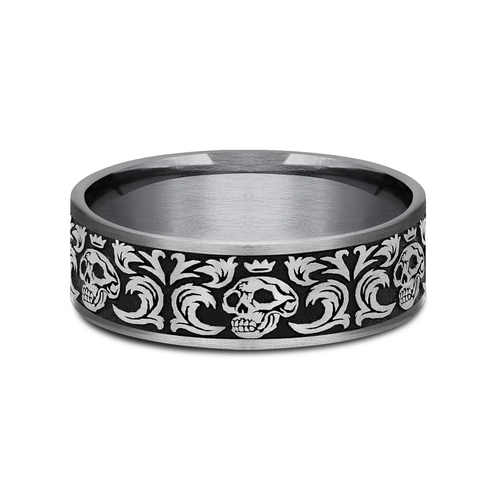The Skull King Men's Wedding Band in Grey Tantalum and Grey/Black Titanium - 7.5mm Width by Tantalum - Image 3