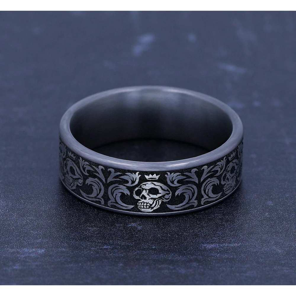 The Skull King Men's Wedding Band in Grey Tantalum and Grey/Black Titanium - 7.5mm Width by Tantalum - Image 4