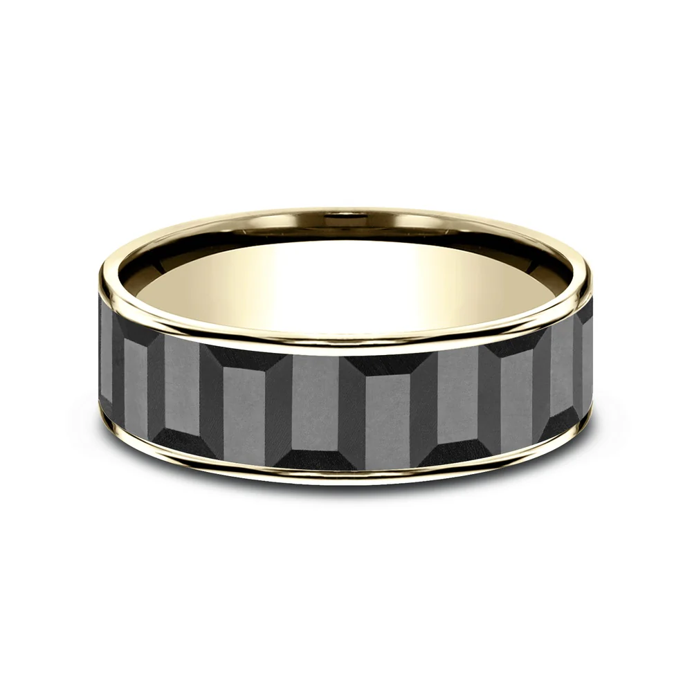 The Sprocket Men's Wedding Band in 14K Yellow Gold and Grey Tantalum - 7.5mm Width by Ammara Stone - Image 3