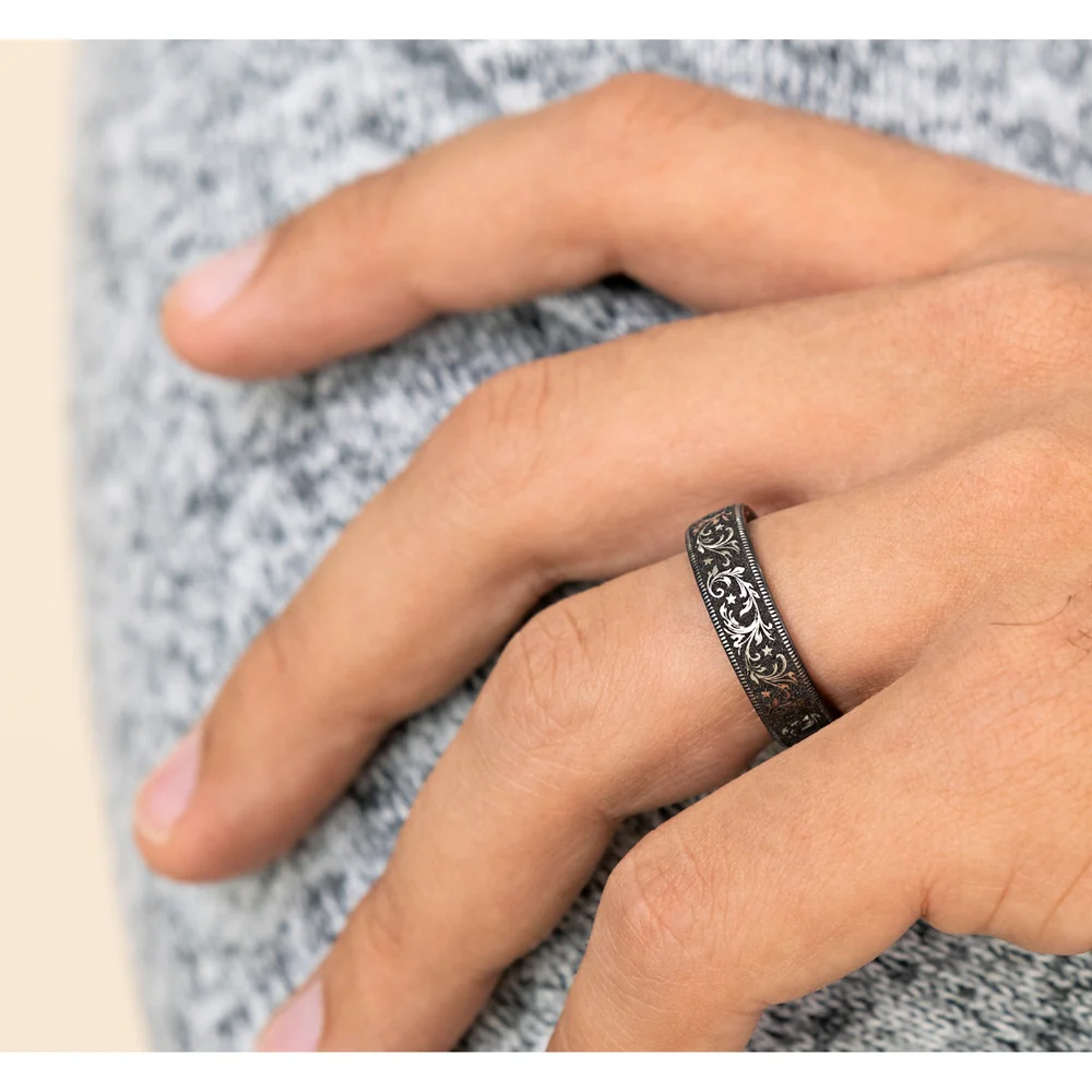 The Spur Men's Wedding Band in Grey/Black Titanium - 6.5mm Width by Brook and Branch - Image 5