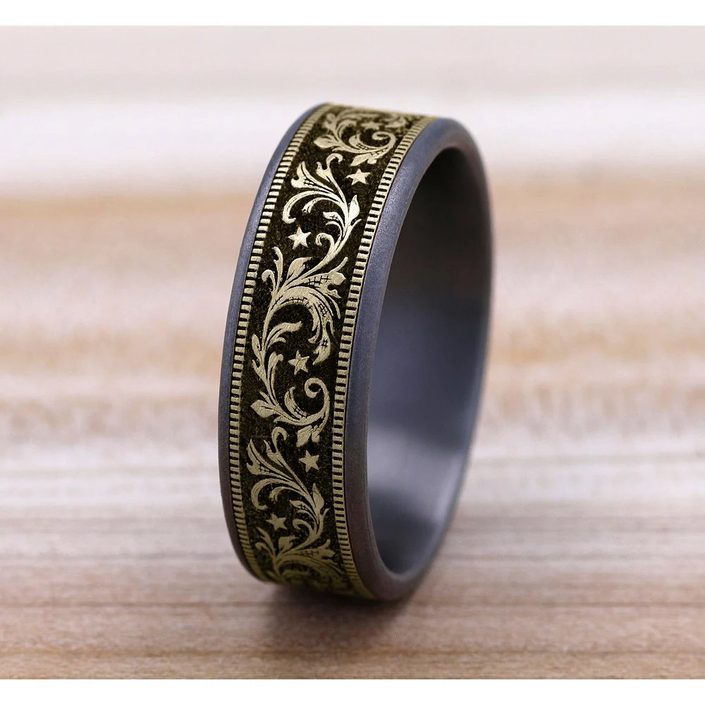 The Spur Men's Wedding Band in Grey Tantalum and 14K Yellow Gold - 7.5mm Width by Brook and Branch - Image 4