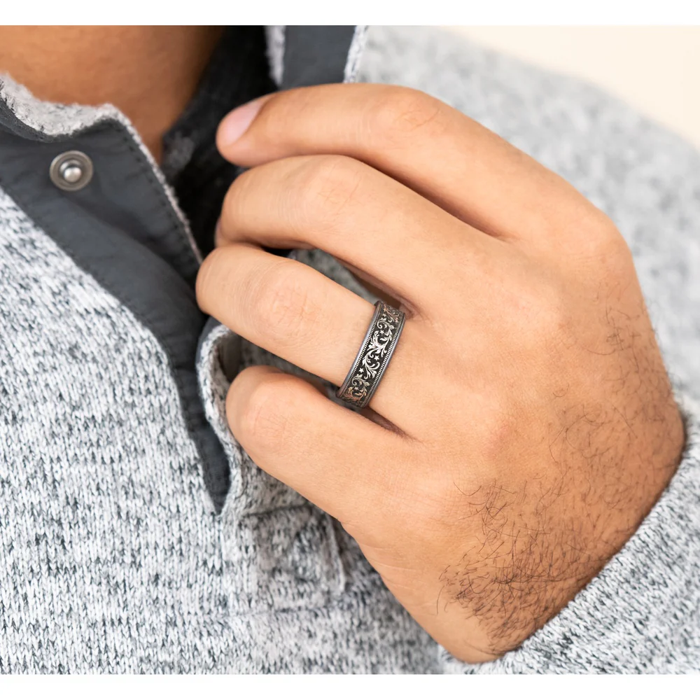 The Spur Men's Wedding Band in Grey Tantalum and Grey/Black Titanium - 7.5mm Width by Brook and Branch - Image 5