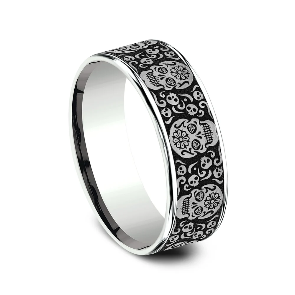 The Sugar Skull Men's Wedding Band in 14K White Gold and Grey/Black Titanium - 7.5mm Width by Ammara Stone - Image 2