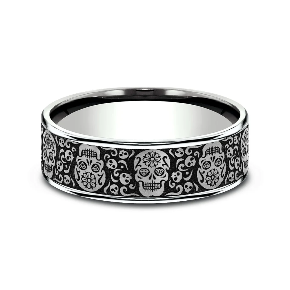 The Sugar Skull Men's Wedding Band in 14K White Gold and Grey/Black Titanium - 7.5mm Width by Ammara Stone - Image 3
