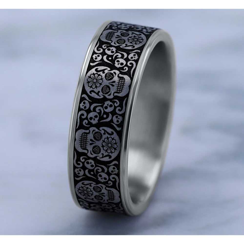 The Sugar Skull Men's Wedding Band in 14K White Gold and Grey/Black Titanium - 7.5mm Width by Ammara Stone - Image 4