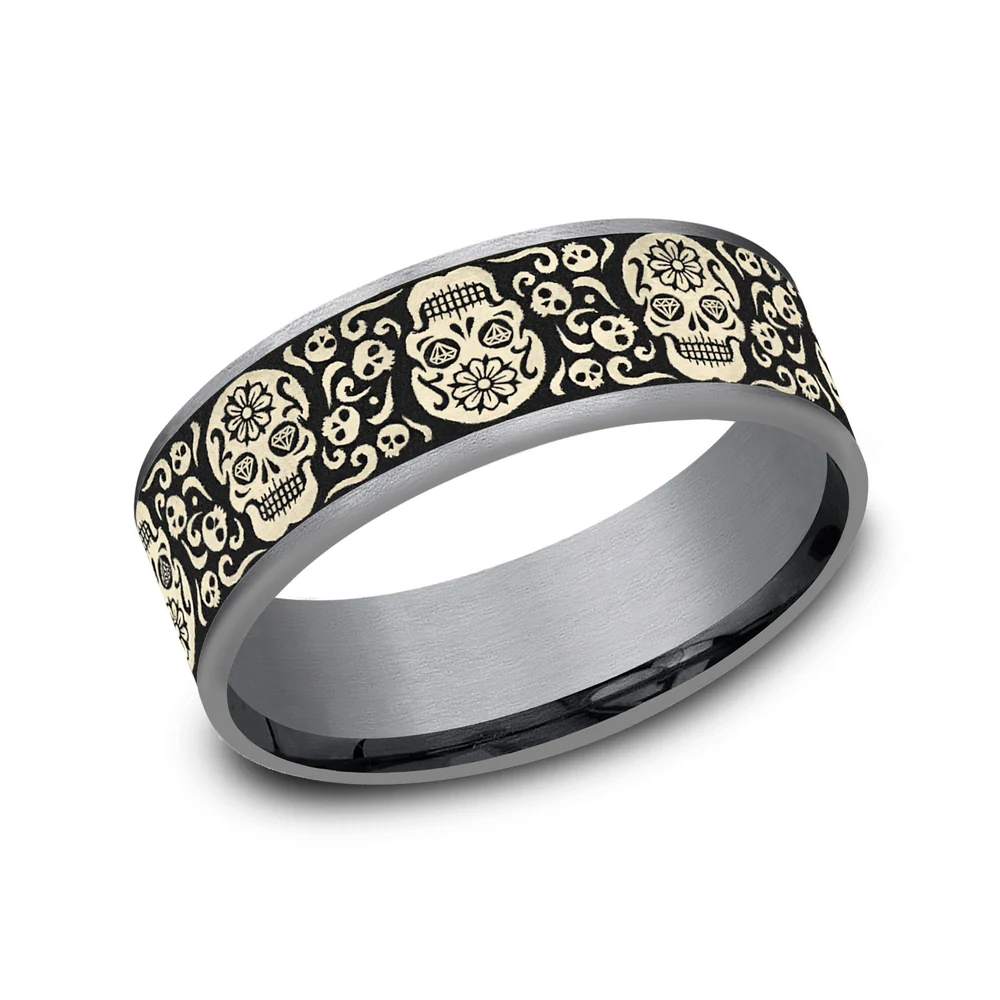 The Sugar Skull Men's Wedding Band in Grey Tantalum and 14K Yellow Gold - 7.5mm Width by Ammara Stone