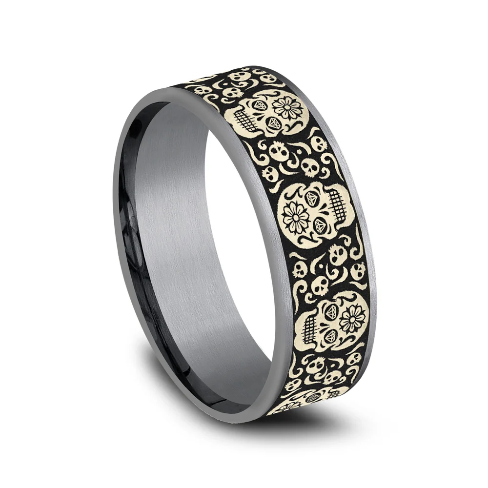 The Sugar Skull Men's Wedding Band in Grey Tantalum and 14K Yellow Gold - 7.5mm Width by Ammara Stone - Image 2