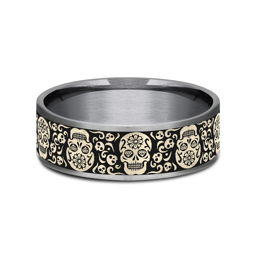 The Sugar Skull Men's Wedding Band in Grey Tantalum and 14K Yellow Gold - 7.5mm Width by Ammara Stone - Image 3