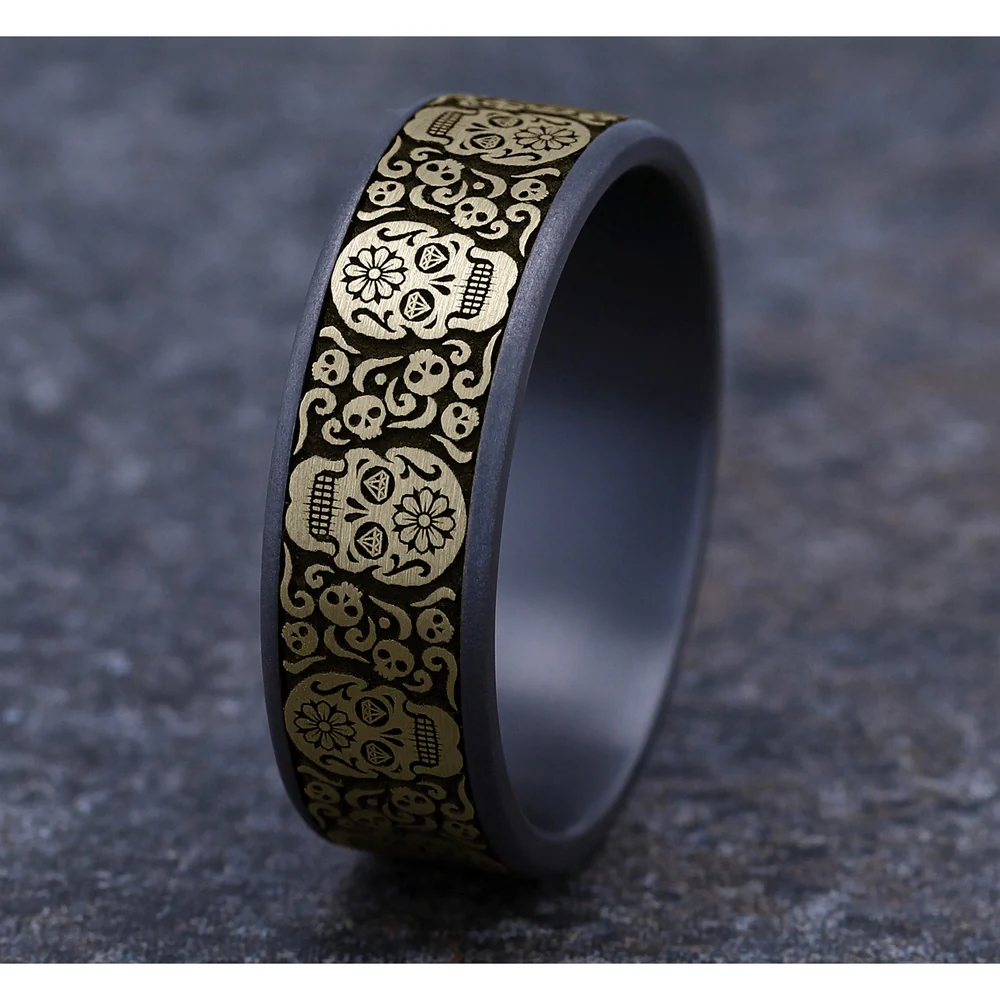 The Sugar Skull Men's Wedding Band in Grey Tantalum and 14K Yellow Gold - 7.5mm Width by Ammara Stone - Image 4