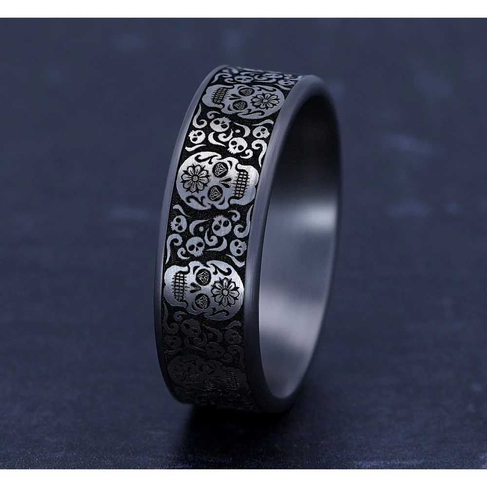 The Sugar Skull Men's Wedding Band in Grey Tantalum and Grey/Black Titanium - 7.5mm Width by Tantalum - Image 4