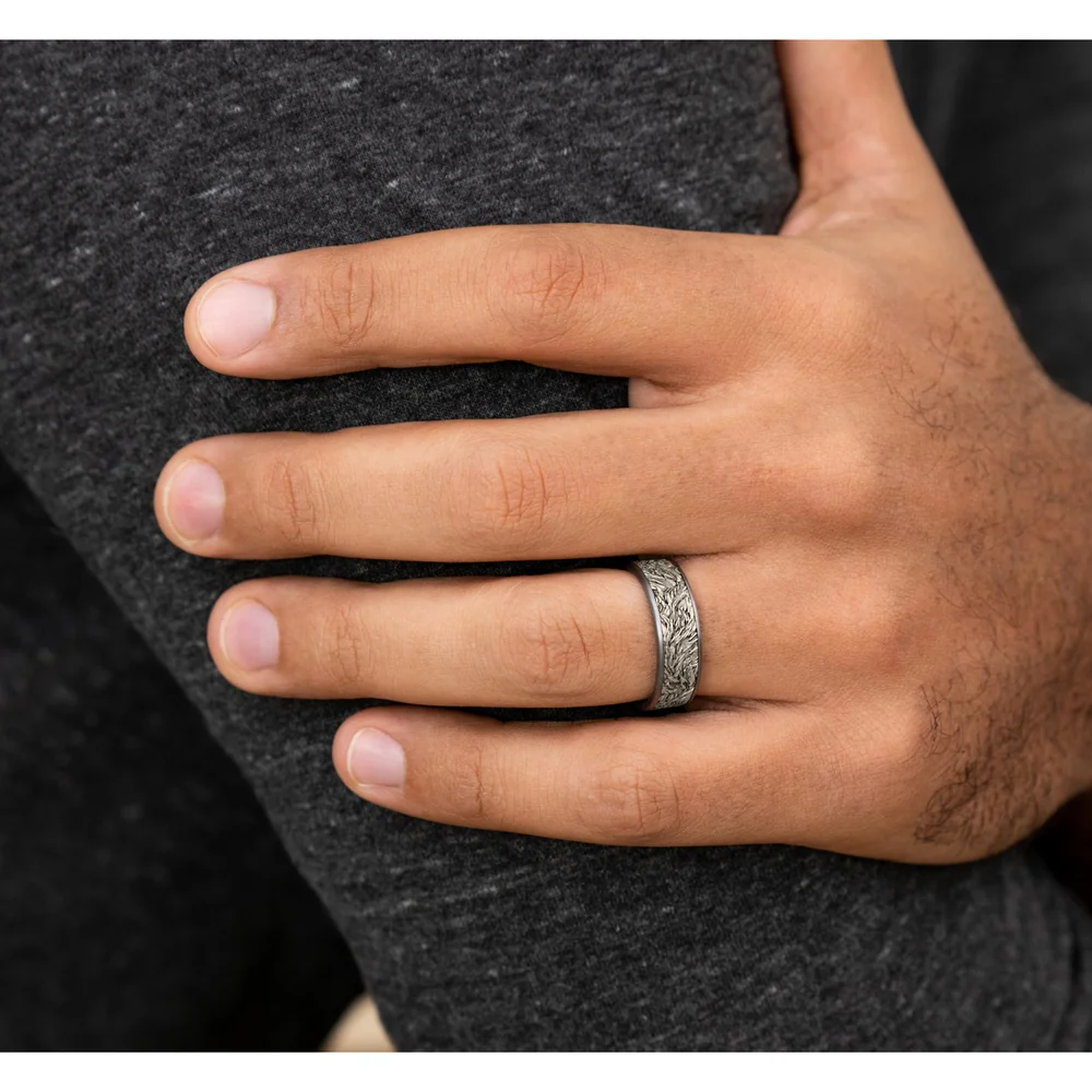 The Tamlin Men's Wedding Band in Grey Tantalum and 14K White - 7.5mm Width by Ammara Stone - Image 5