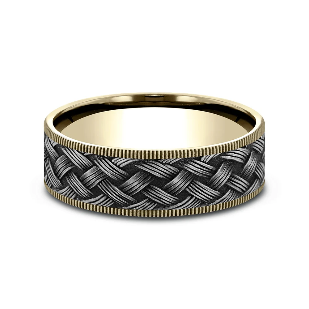 The Trellis Men's Wedding Band in 14K Yellow Gold and Grey Tantalum - 7.5mm Width by Ammara Stone - Image 3