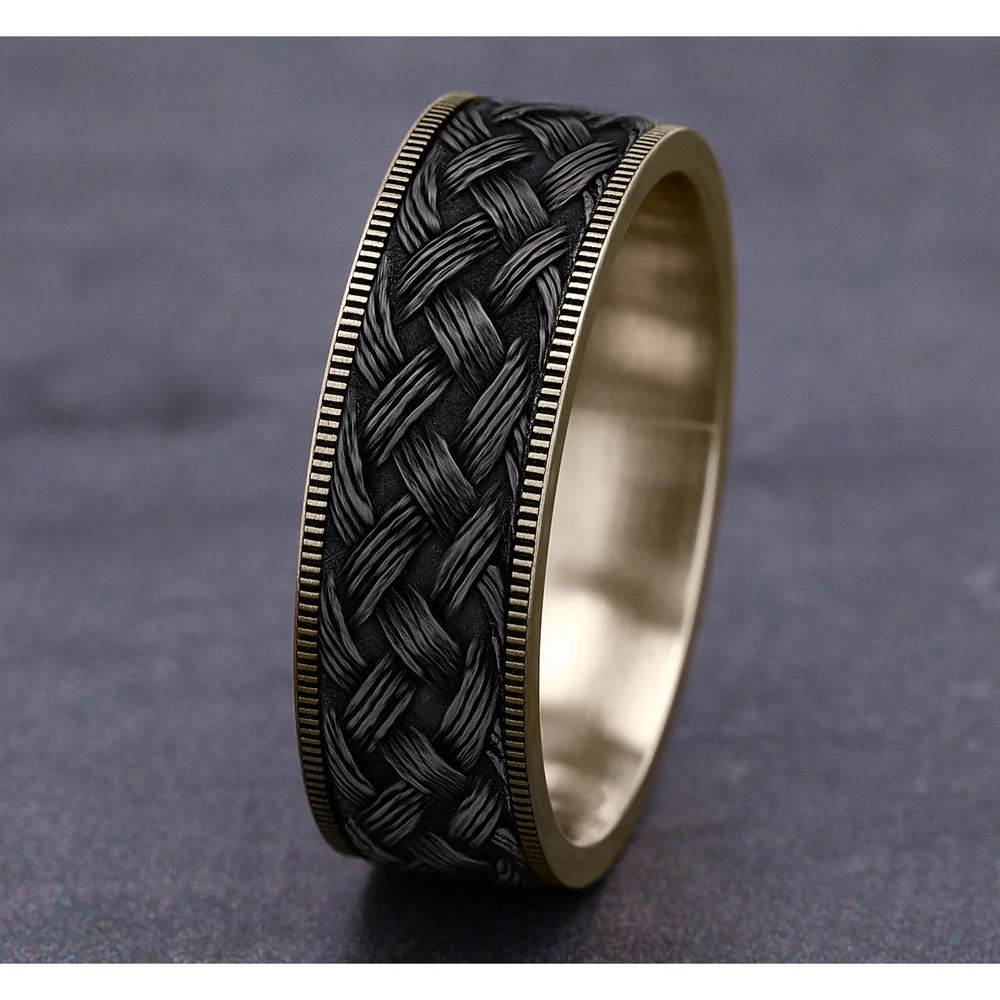 The Trellis Men's Wedding Band in 14K Yellow Gold and Grey Tantalum - 7.5mm Width by Ammara Stone - Image 4