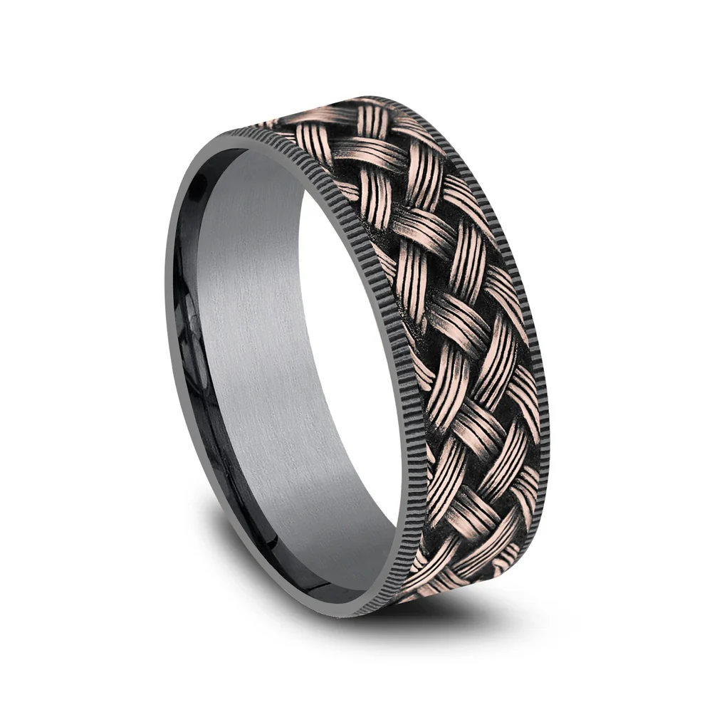 The Trellis Men's Wedding Band in Grey Tantalum and 14K Rose Gold - 7.5mm Width by Ammara Stone - Image 2