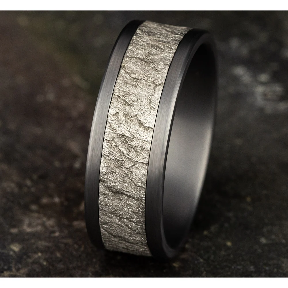 The Vesuvius Men's Wedding Band in Grey Tantalum and 14K White Gold - 8mm Width by Ammara Stone - Image 4