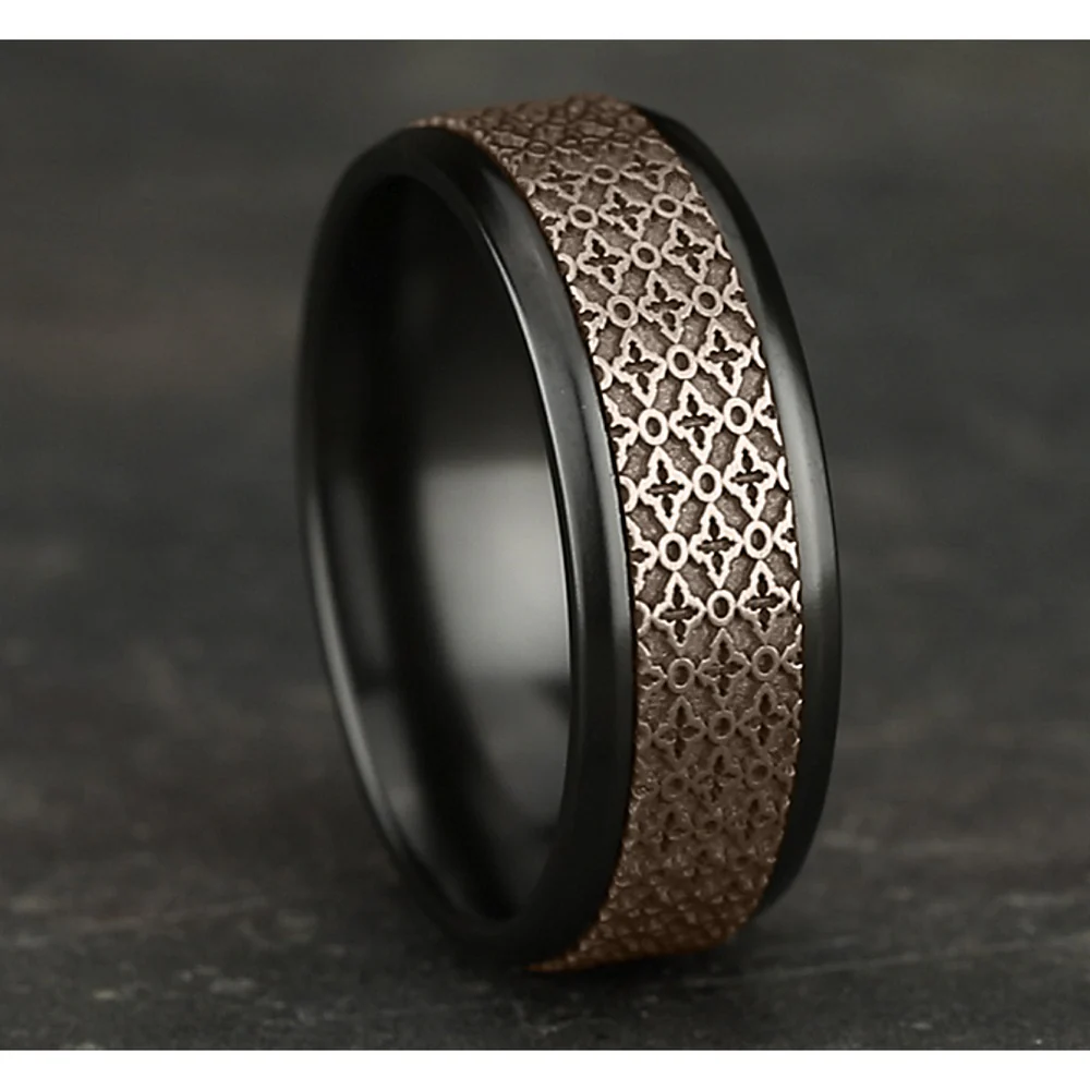 The Vienna Men's Wedding Band in Black Titanium and 14K Rose Gold - 8mm Width by Ammara Stone - Image 4