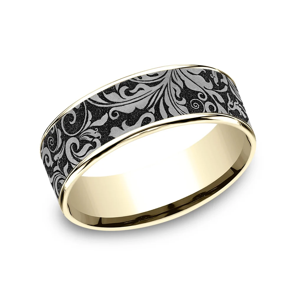 The Vine Men's Wedding Band in 14K Yellow Gold and Grey/Black Titanium - 7.5mm Width by Ammara Stone
