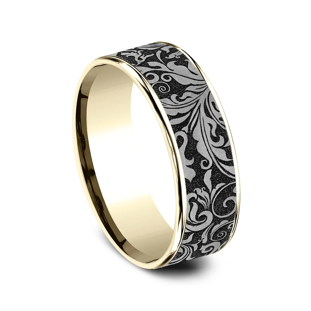 The Vine Men's Wedding Band in 14K Yellow Gold and Grey/Black Titanium - 7.5mm Width by Ammara Stone - Image 2