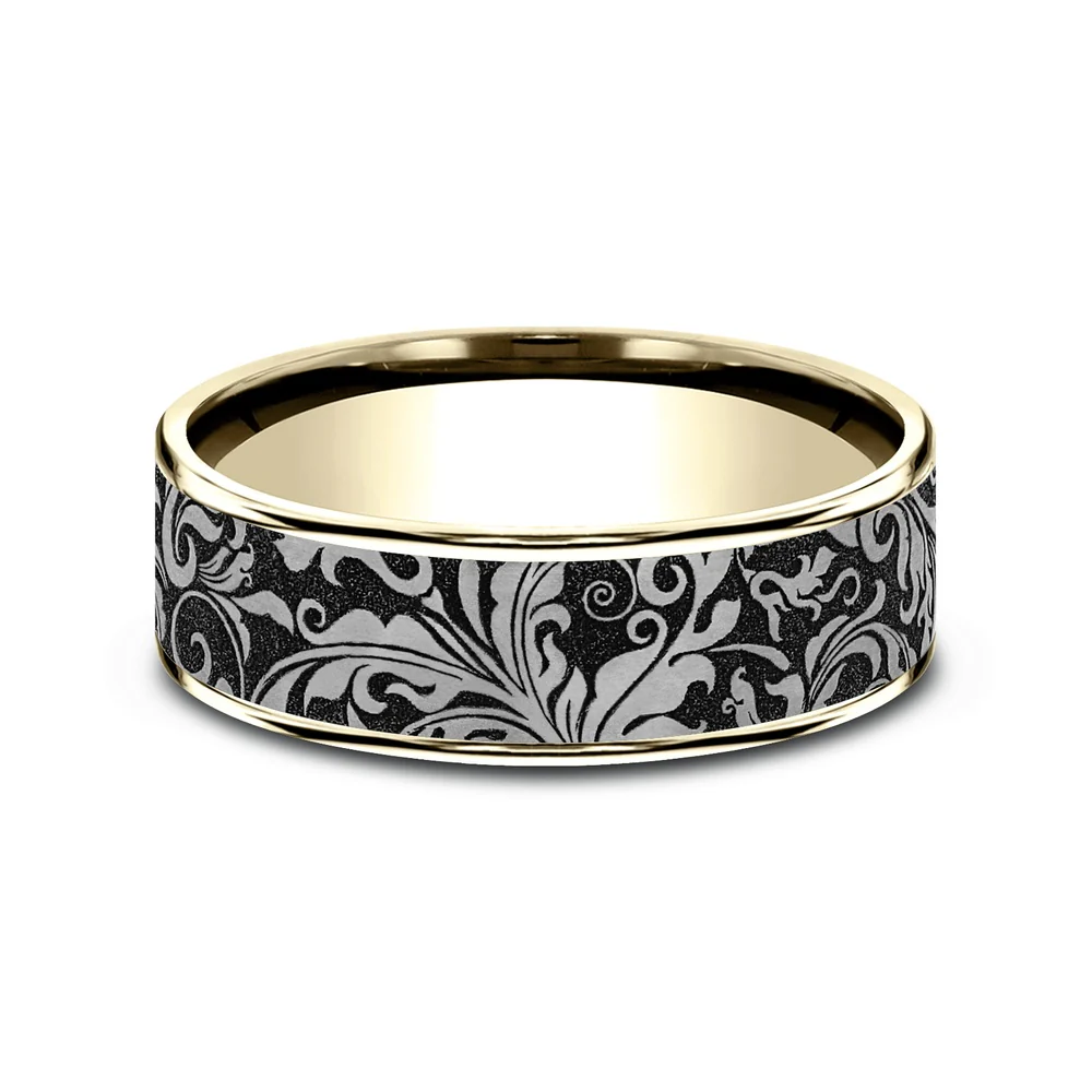 The Vine Men's Wedding Band in 14K Yellow Gold and Grey/Black Titanium - 7.5mm Width by Ammara Stone - Image 3