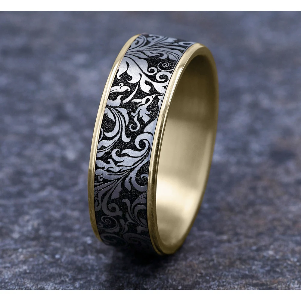 The Vine Men's Wedding Band in 14K Yellow Gold and Grey/Black Titanium - 7.5mm Width by Ammara Stone - Image 4