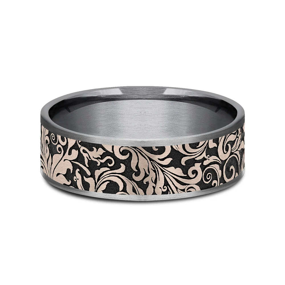 The Vine Men's Wedding Band in Grey Tantalum and 14K Rose Gold - 7.5mm Width by Ammara Stone - Image 3