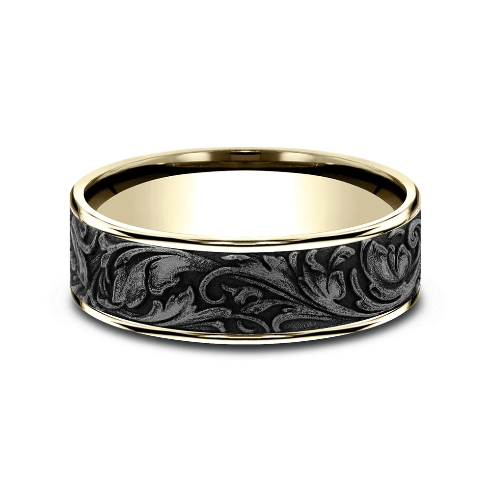 The Vineyard Men's Wedding Band in 14K Yellow Gold and Grey Tantalum - 7.5mm Width by Ammara Stone - Image 3