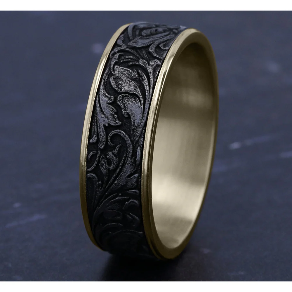 The Vineyard Men's Wedding Band in 14K Yellow Gold and Grey Tantalum - 7.5mm Width by Ammara Stone - Image 4
