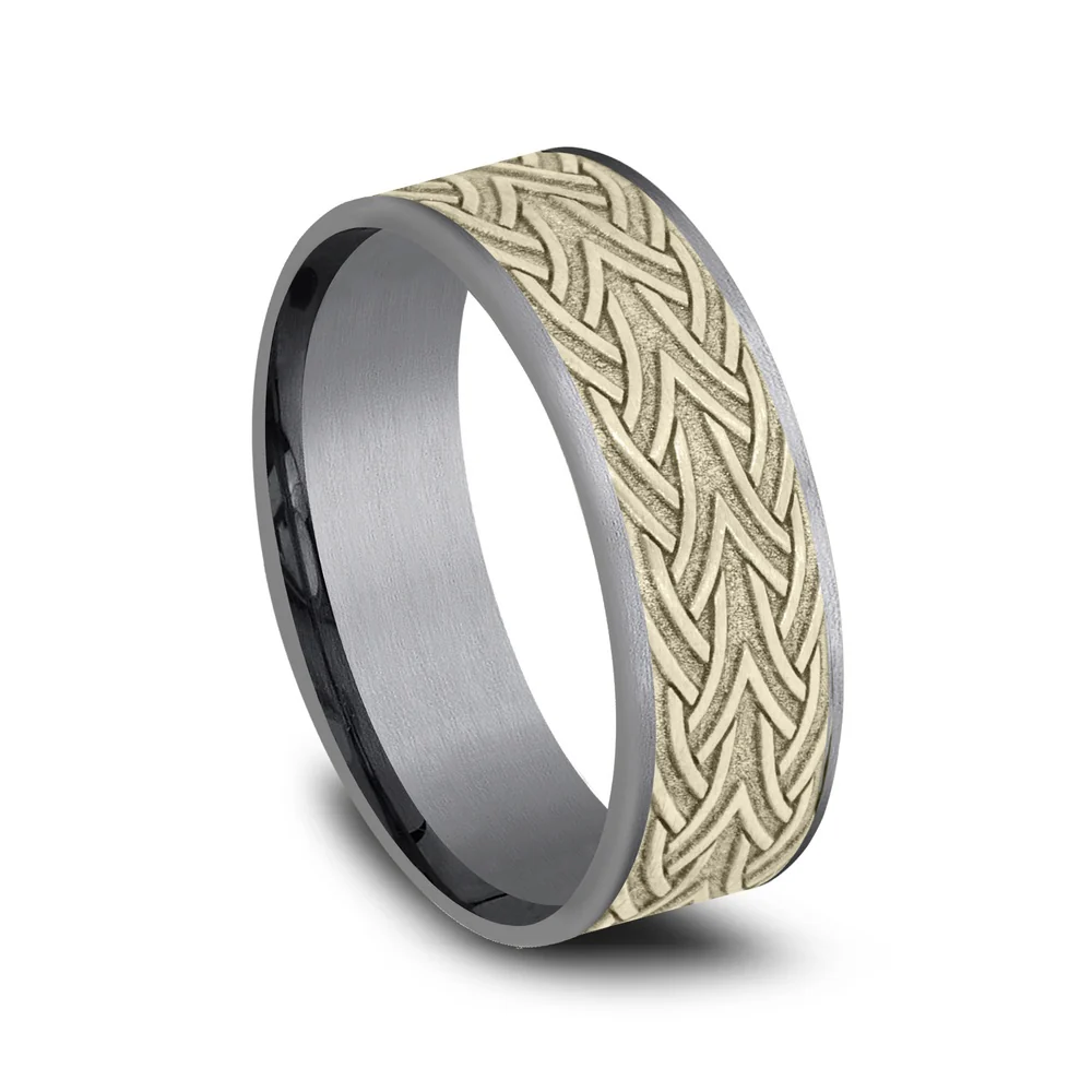 The Waterford Men's Wedding Band in Grey Tantalum and 14K Yellow Gold - 7.5mm Width by Ammara Stone - Image 2
