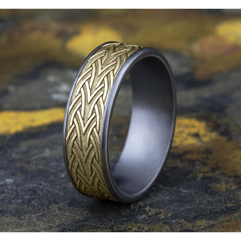 The Waterford Men's Wedding Band in Grey Tantalum and 14K Yellow Gold - 7.5mm Width by Ammara Stone - Image 4