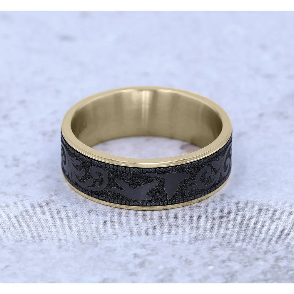 The Waterfowl Men's Wedding Band in 14K Yellow Gold and Black Titanium - 7.5mm Width by Brook and Branch - Image 4