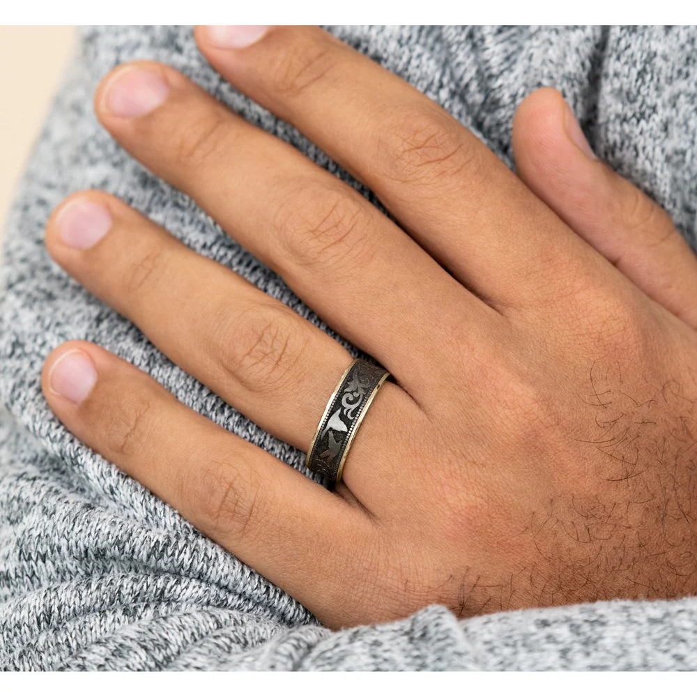 The Waterfowl Men's Wedding Band in 14K Yellow Gold and Black Titanium - 7.5mm Width by Brook and Branch - Image 5