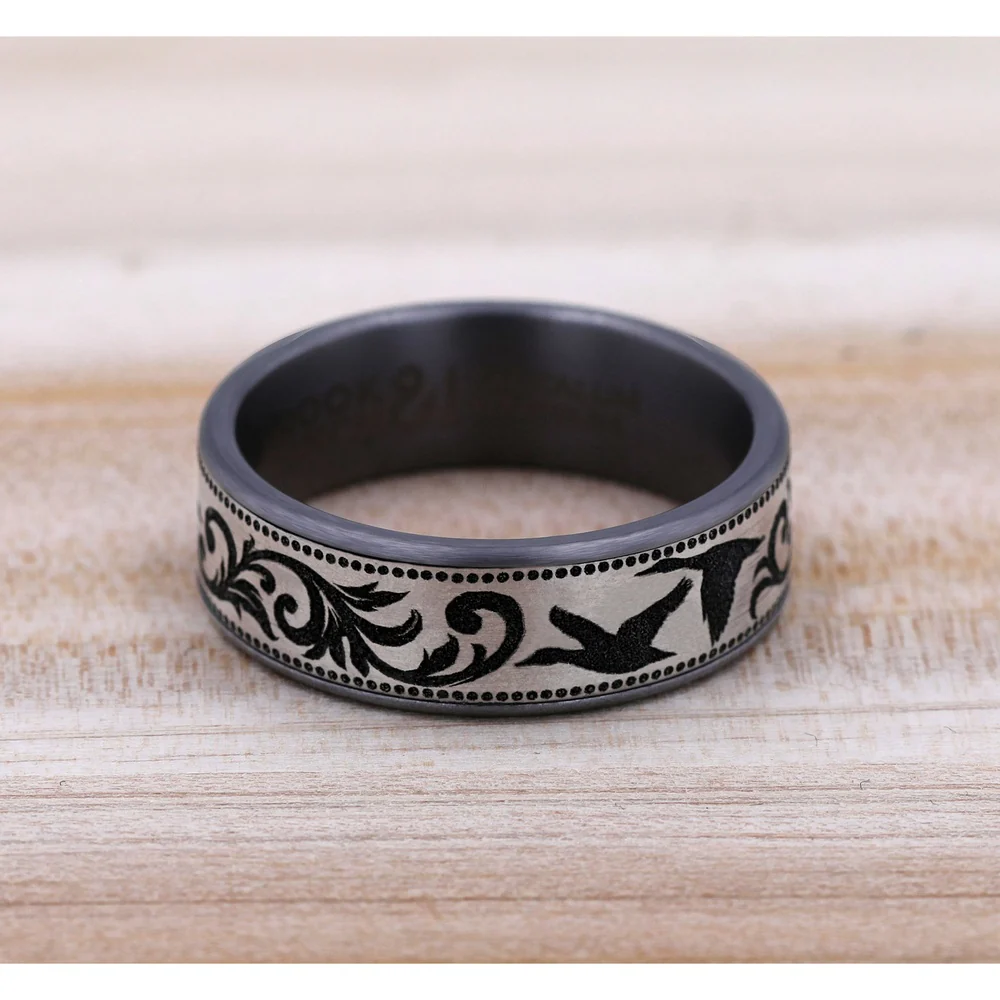 The Waterfowl Men's Wedding Band in Grey Tantalum and Grey/Black Titanium - 7.5mm Width by Brook and Branch - Image 4