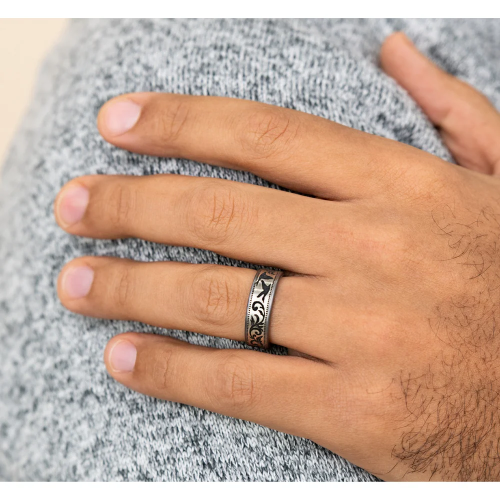 The Waterfowl Men's Wedding Band in Grey Tantalum and Grey/Black Titanium - 7.5mm Width by Brook and Branch - Image 5