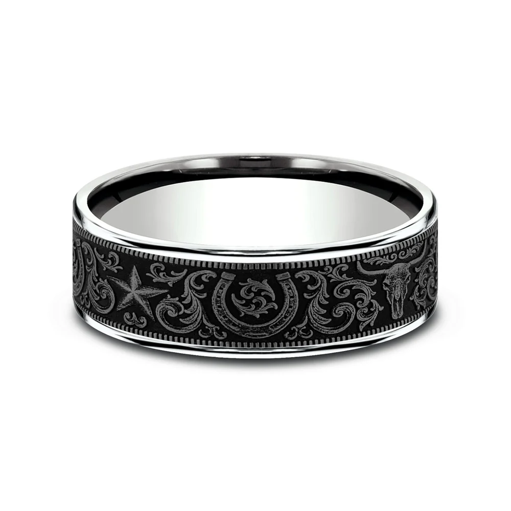 The Western Script Men's Wedding Band in 14K White Gold and Grey Tantalum - 7.5mm Width by Brook and Branch - Image 3