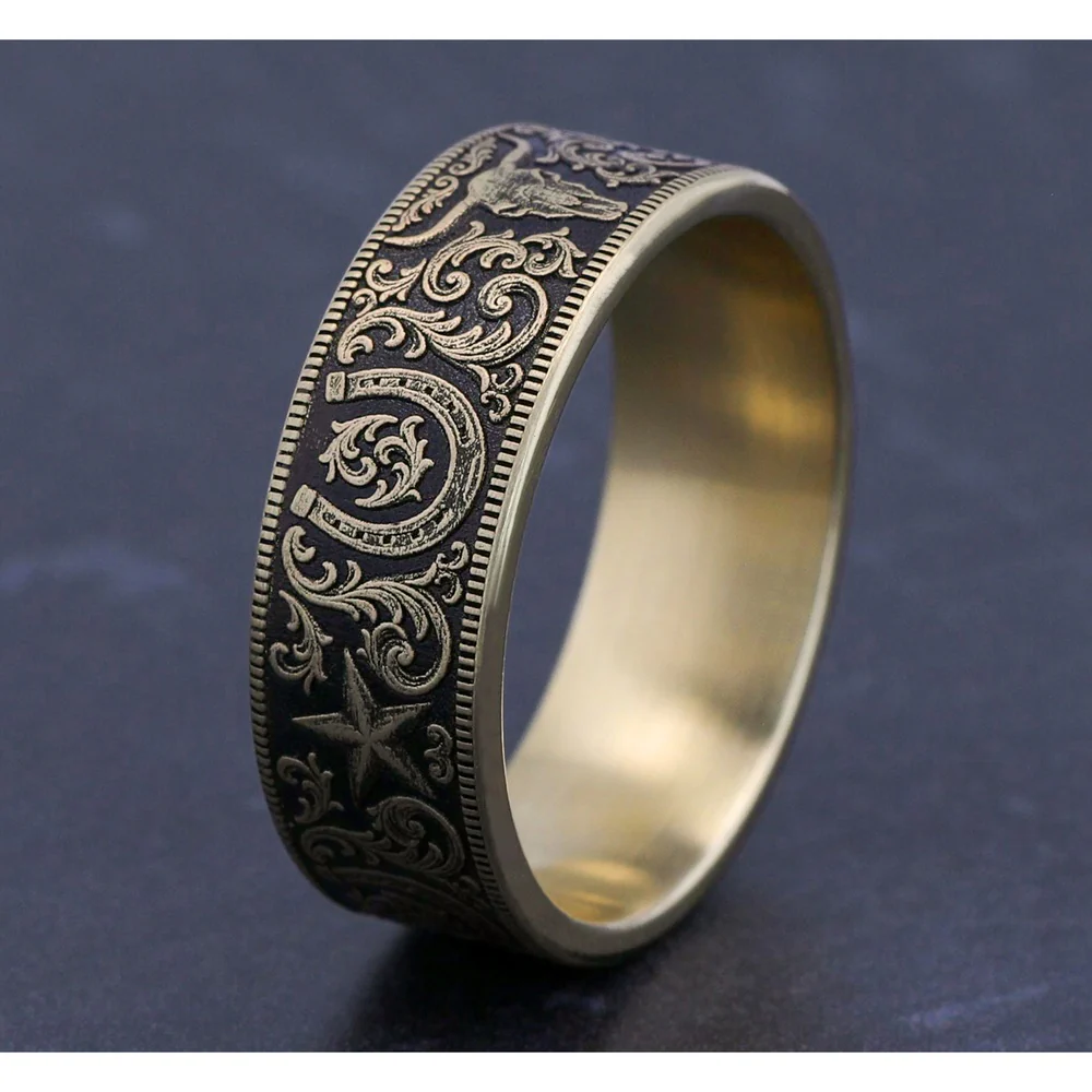 The Western Script Men's Wedding Band in 14K Yellow Gold - 8mm Width by Brook and Branch - Image 4