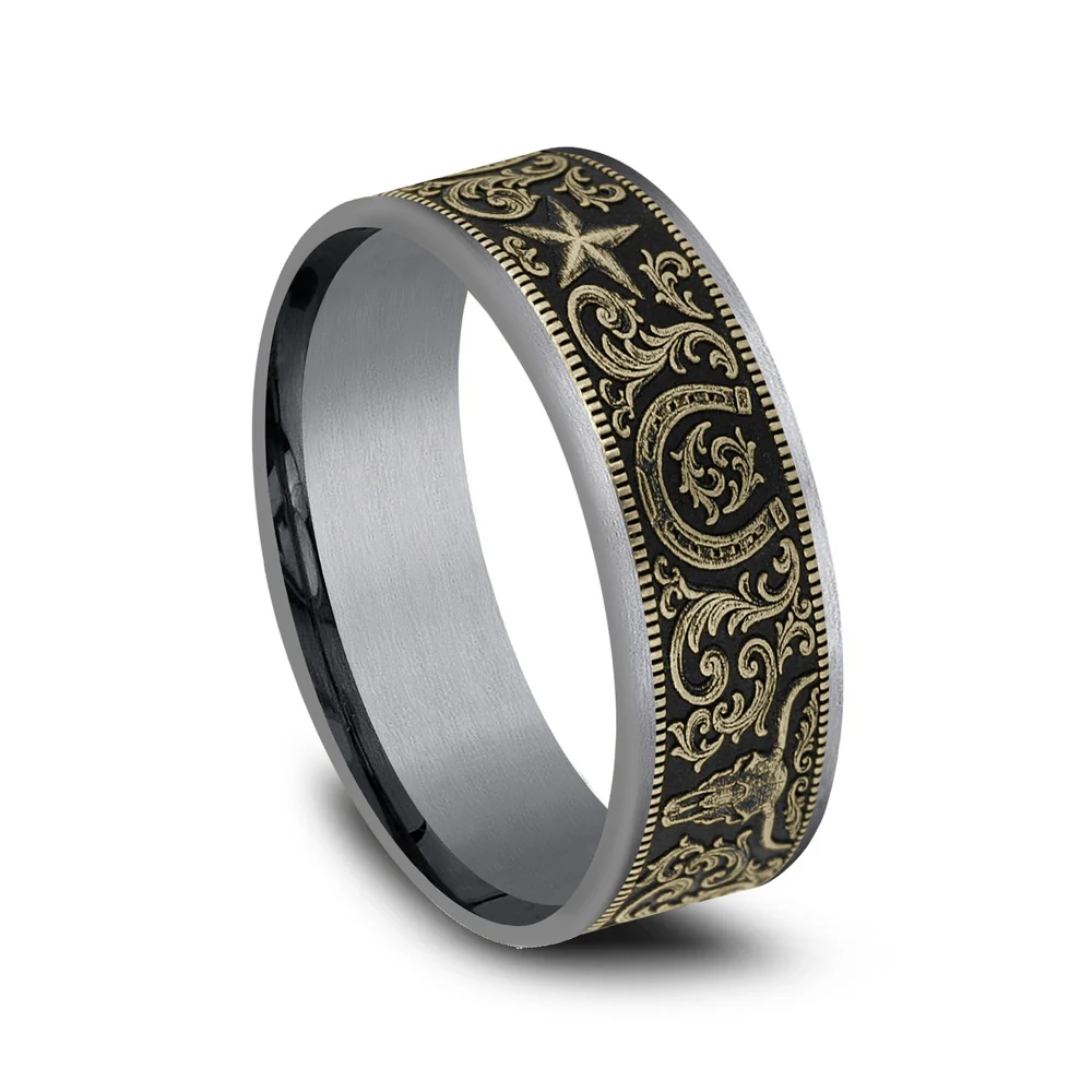The Western Script Men's Wedding Band in Grey Tantalum and 14K Yellow Gold - 7.5mm Width by Brook and Branch - Image 2