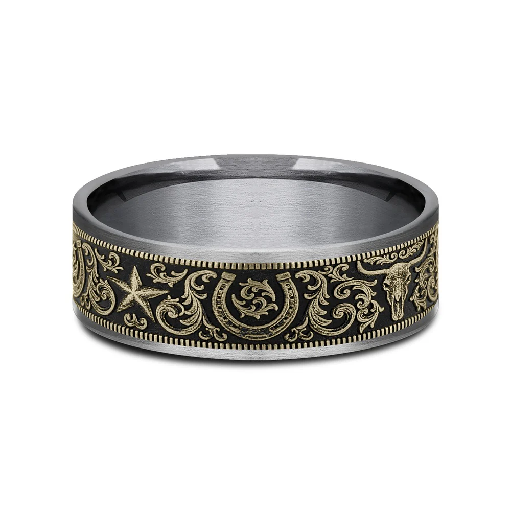 The Western Script Men's Wedding Band in Grey Tantalum and 14K Yellow Gold - 7.5mm Width by Brook and Branch - Image 3