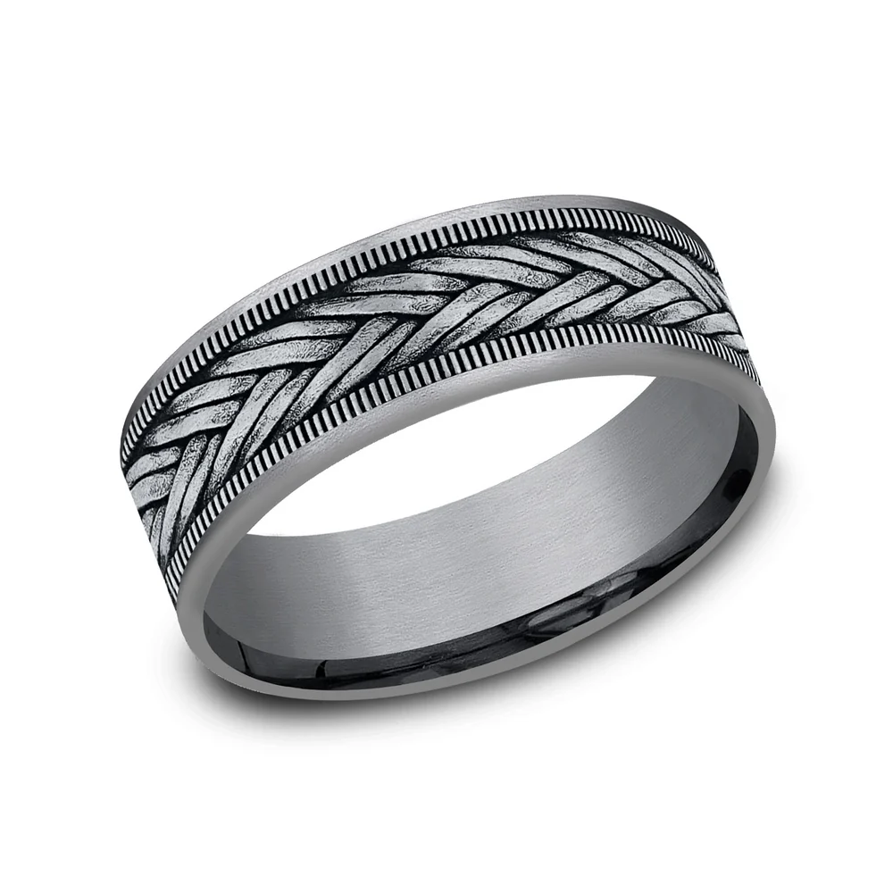 The Wheat Men's Wedding Band in Grey Tantalum and 14K White Gold - 7.5mm Width by Ammara Stone