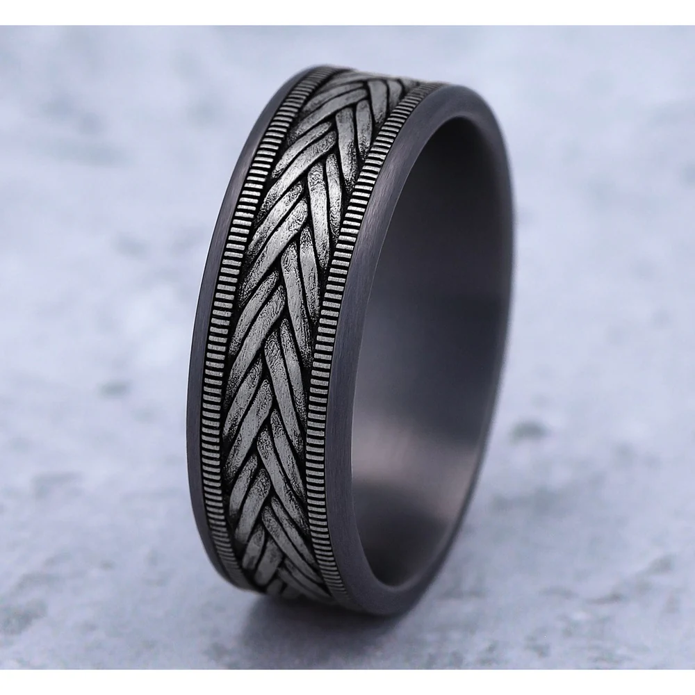 The Wheat Men's Wedding Band in Grey Tantalum and 14K White Gold - 7.5mm Width by Ammara Stone - Image 4
