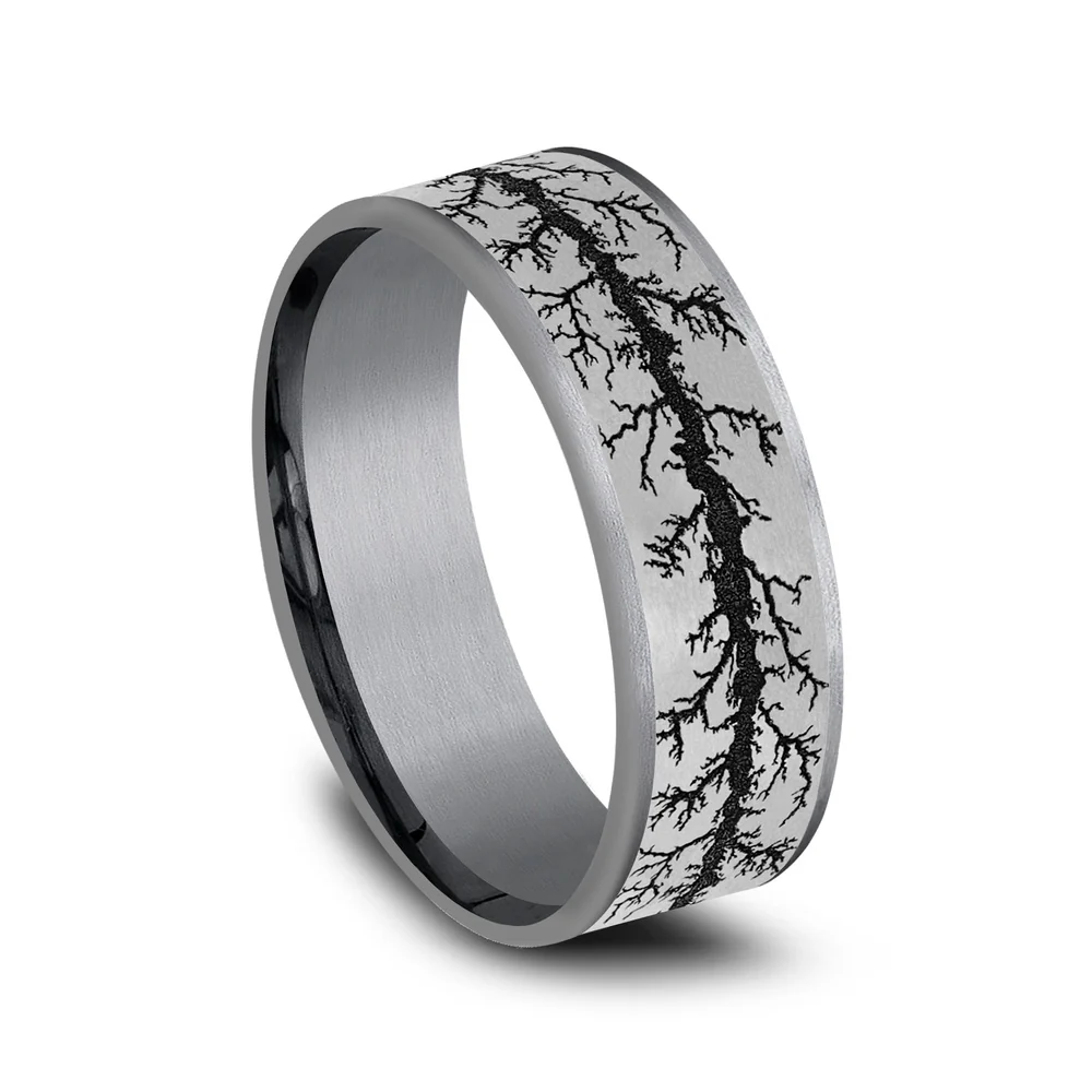 The Wood Burn Men's Wedding Band in Grey Tantalum and Grey/Black Titanium - 7.5mm Width by Brook and Branch - Image 2