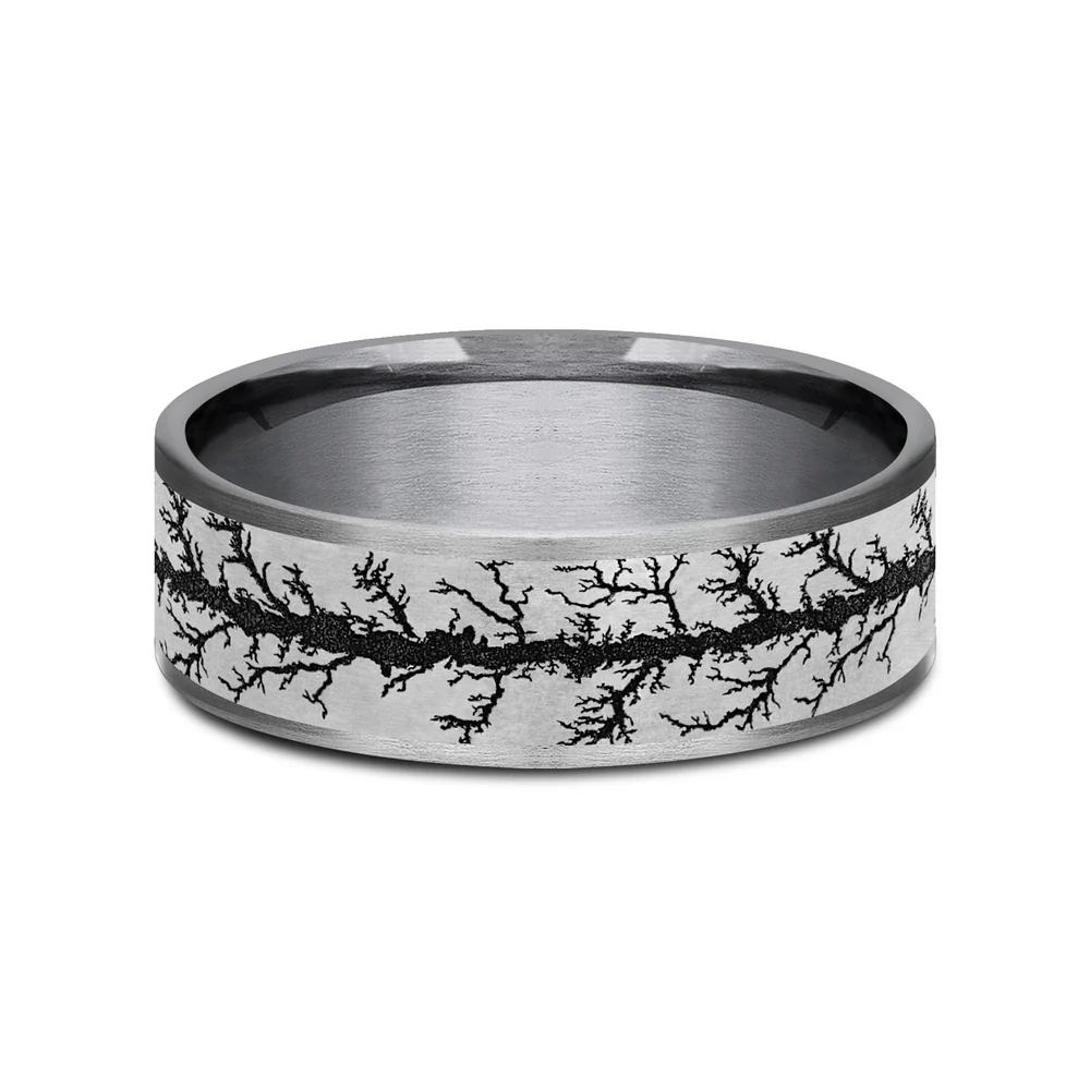 The Wood Burn Men's Wedding Band in Grey Tantalum and Grey/Black Titanium - 7.5mm Width by Brook and Branch - Image 3