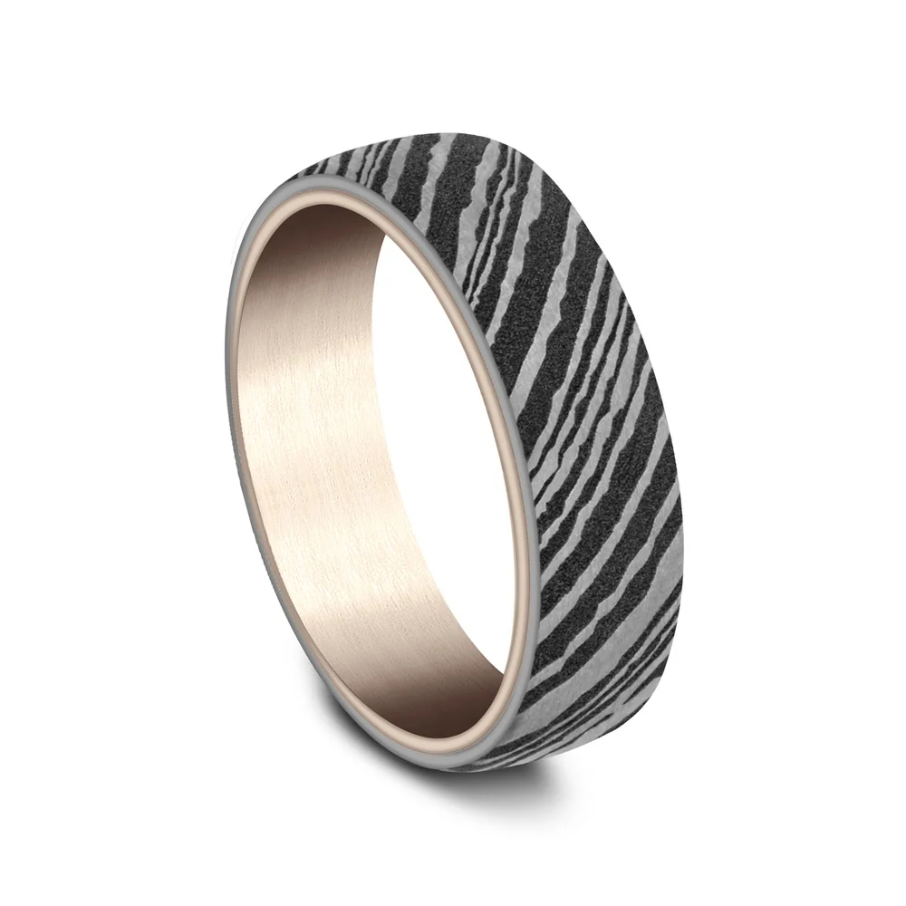 The Wood Grain Men's Wedding Band in 14K Rose Gold and Grey Tantalum - 6.5mm Width by Ammara Stone - Image 2
