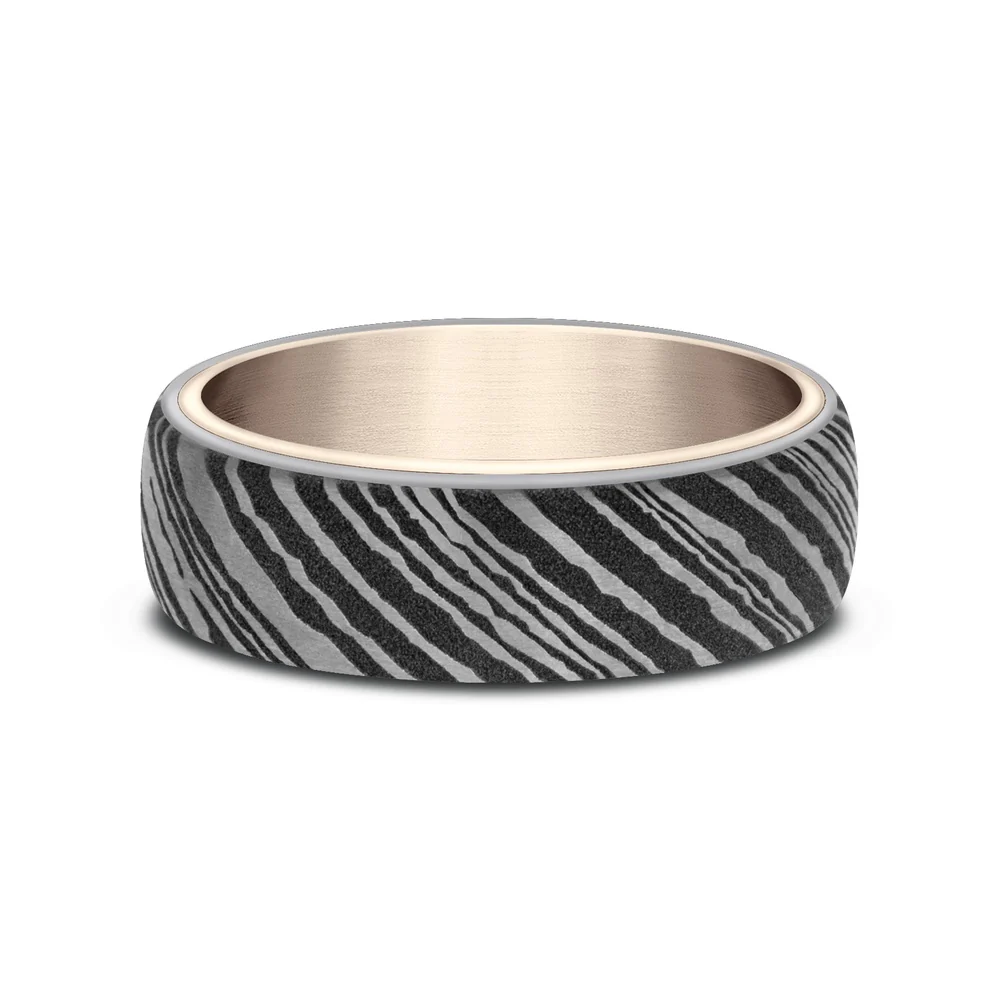 The Wood Grain Men's Wedding Band in 14K Rose Gold and Grey Tantalum - 6.5mm Width by Ammara Stone - Image 3