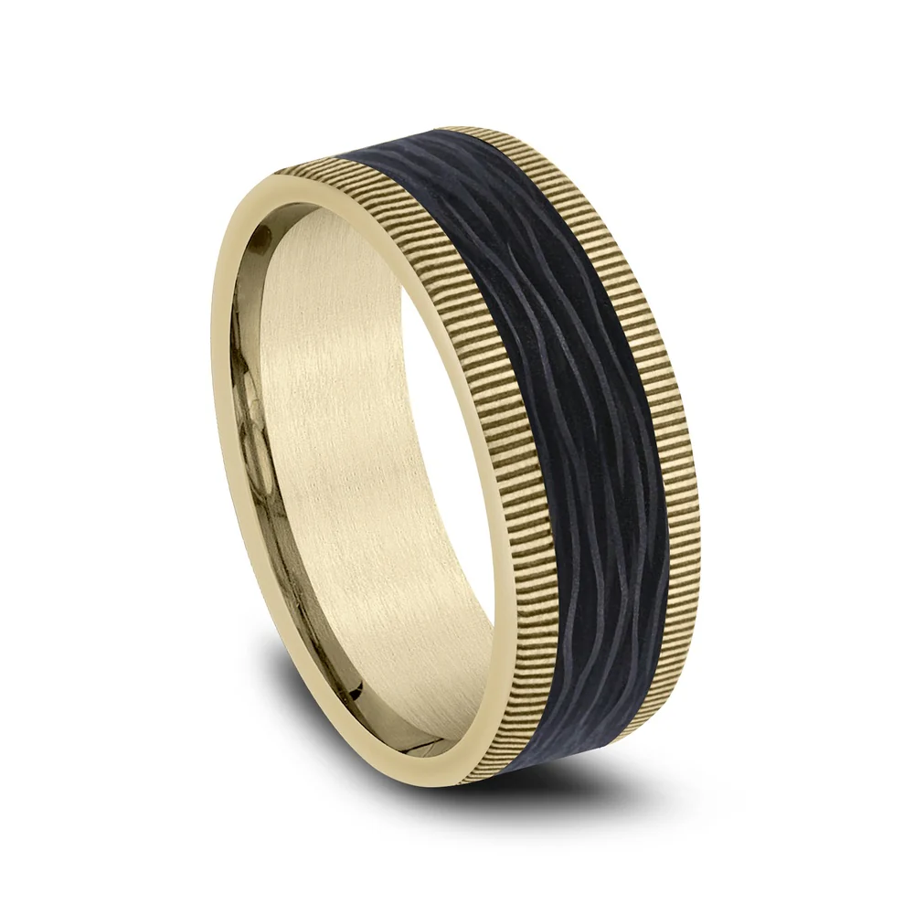 The Zephyr Men's Wedding Band in 14K Yellow Gold and Forged Carbon Fiber - 8mm Width by Ammara Stone - Image 2
